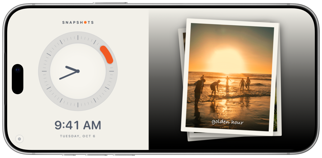 Snapshots on an iPhone on its side: a clock on the left and a small pile of prints on the right.