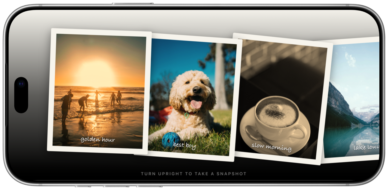 Snapshots on an iPhone turned sideways: prints laid out in an overlapping row.