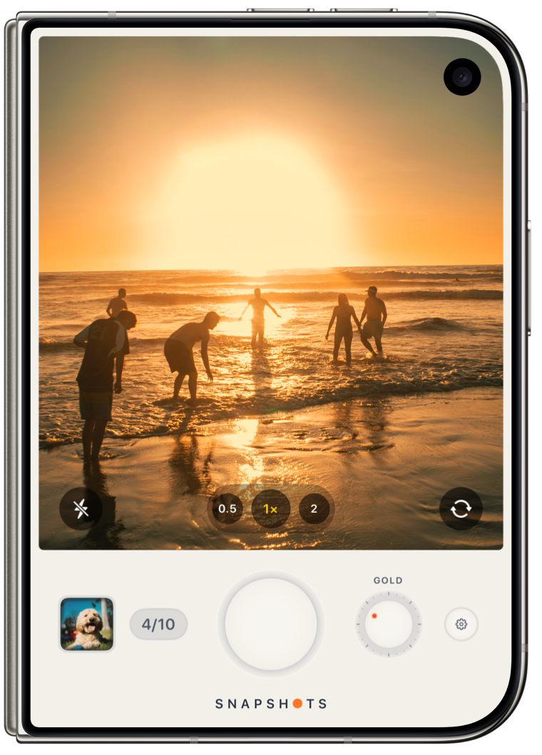 Snapshots on the front display of a closed iPhone Duo.