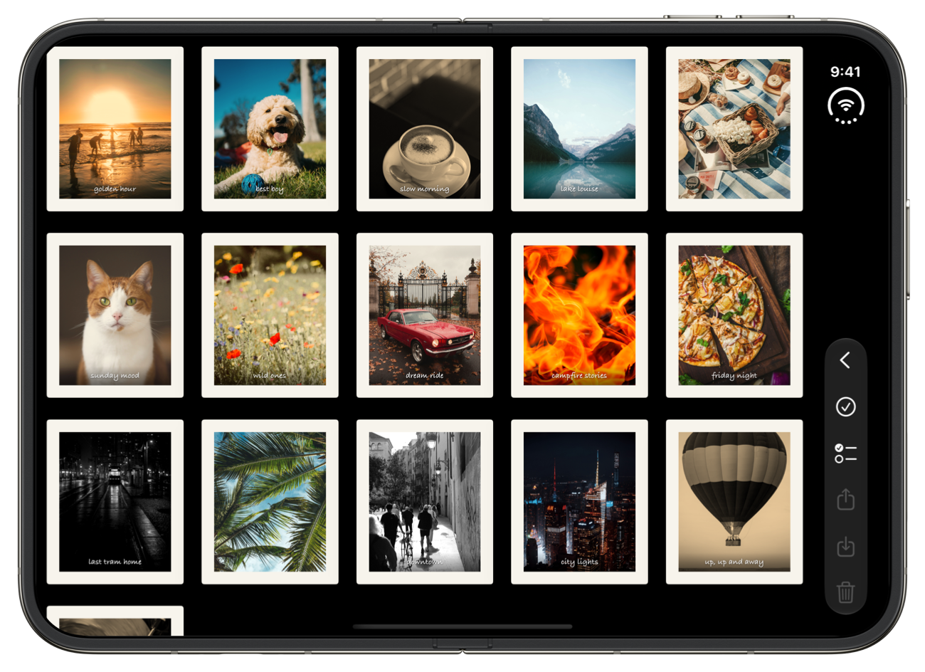 The Snapshots gallery on an iPhone Duo open in Landscape: three rows of prints across both screens.