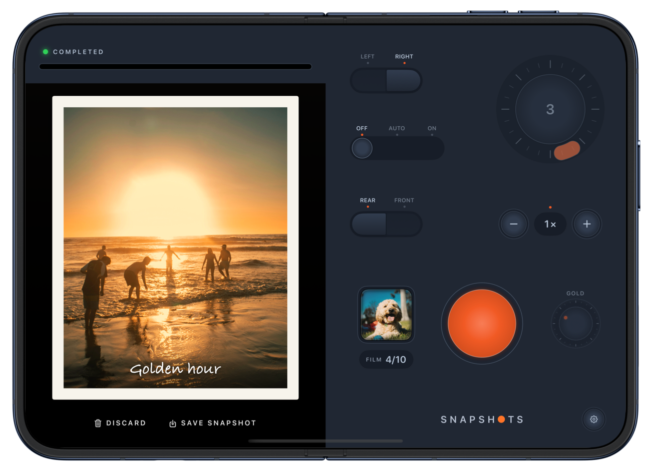 Snapshots on an iPhone Duo open in Landscape, in the Night Sky theme: a finished print captioned Golden hour on the left screen, the camera controls on the right.