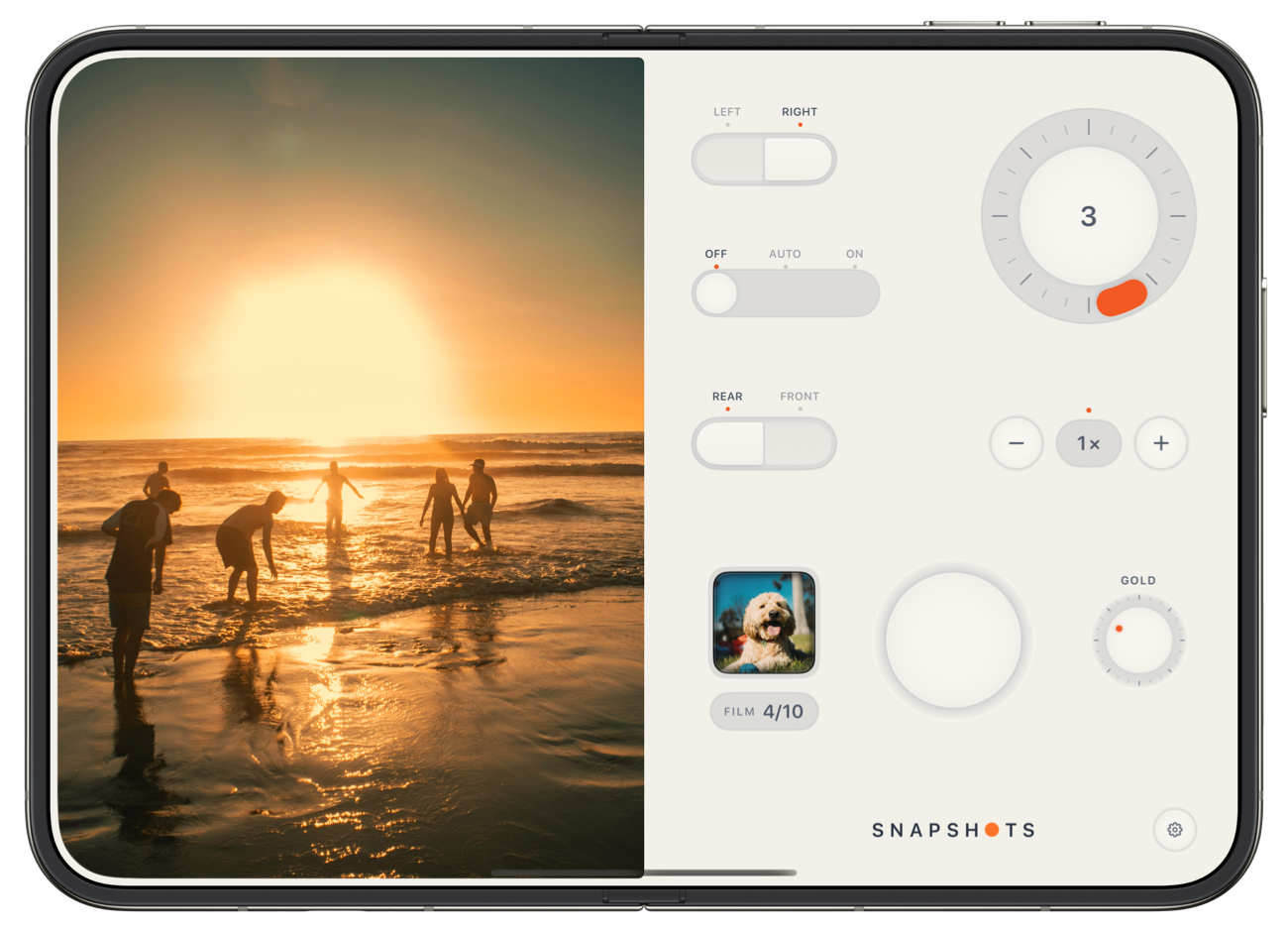 Snapshots on an iPhone Duo open in Landscape: viewfinder on one screen, camera controls on the other.