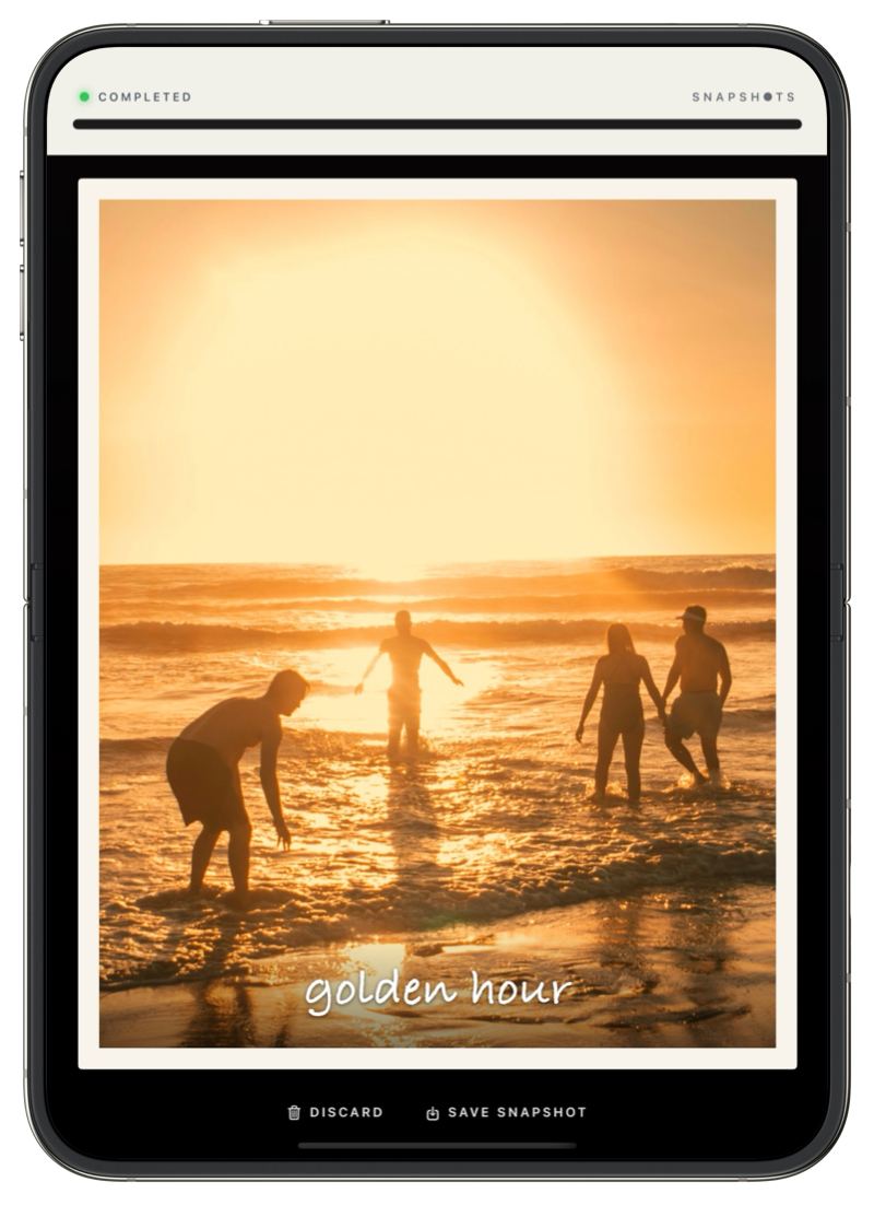 Snapshots on an iPhone Duo open in Portrait: a printer across the top of the display with a finished print below it.