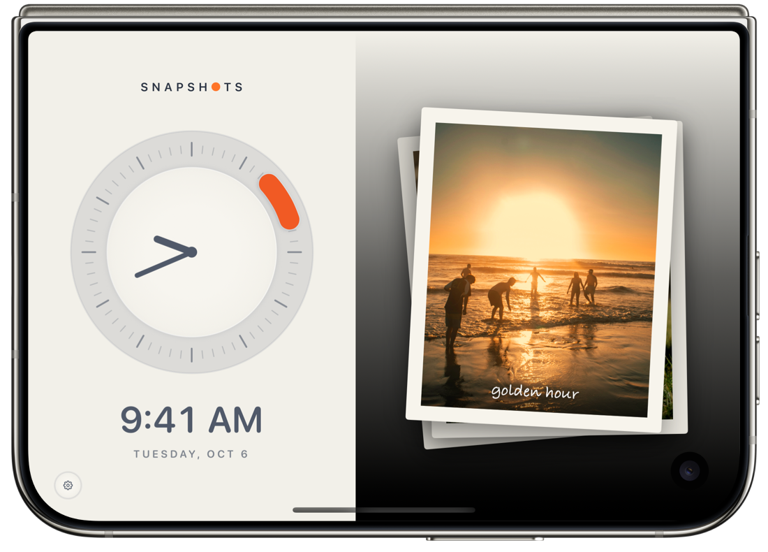 Snapshots on the front display of an iPhone Duo: a clock on the left and a small pile of prints on the right.